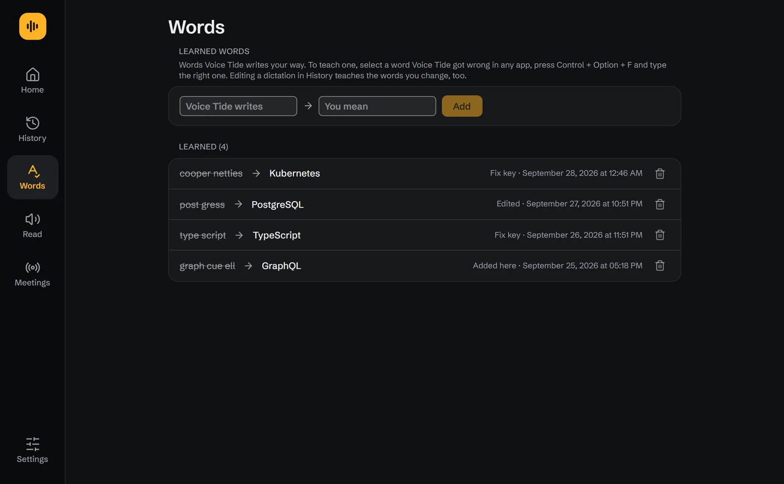 The Words page: words Voice Tide learned from your fixes