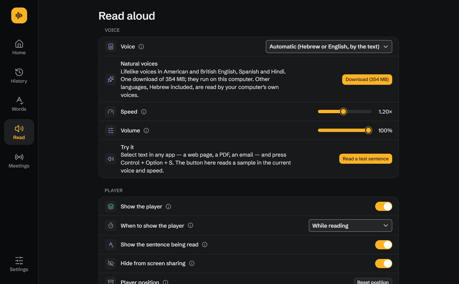 Read aloud settings: voice, speed and the natural voices