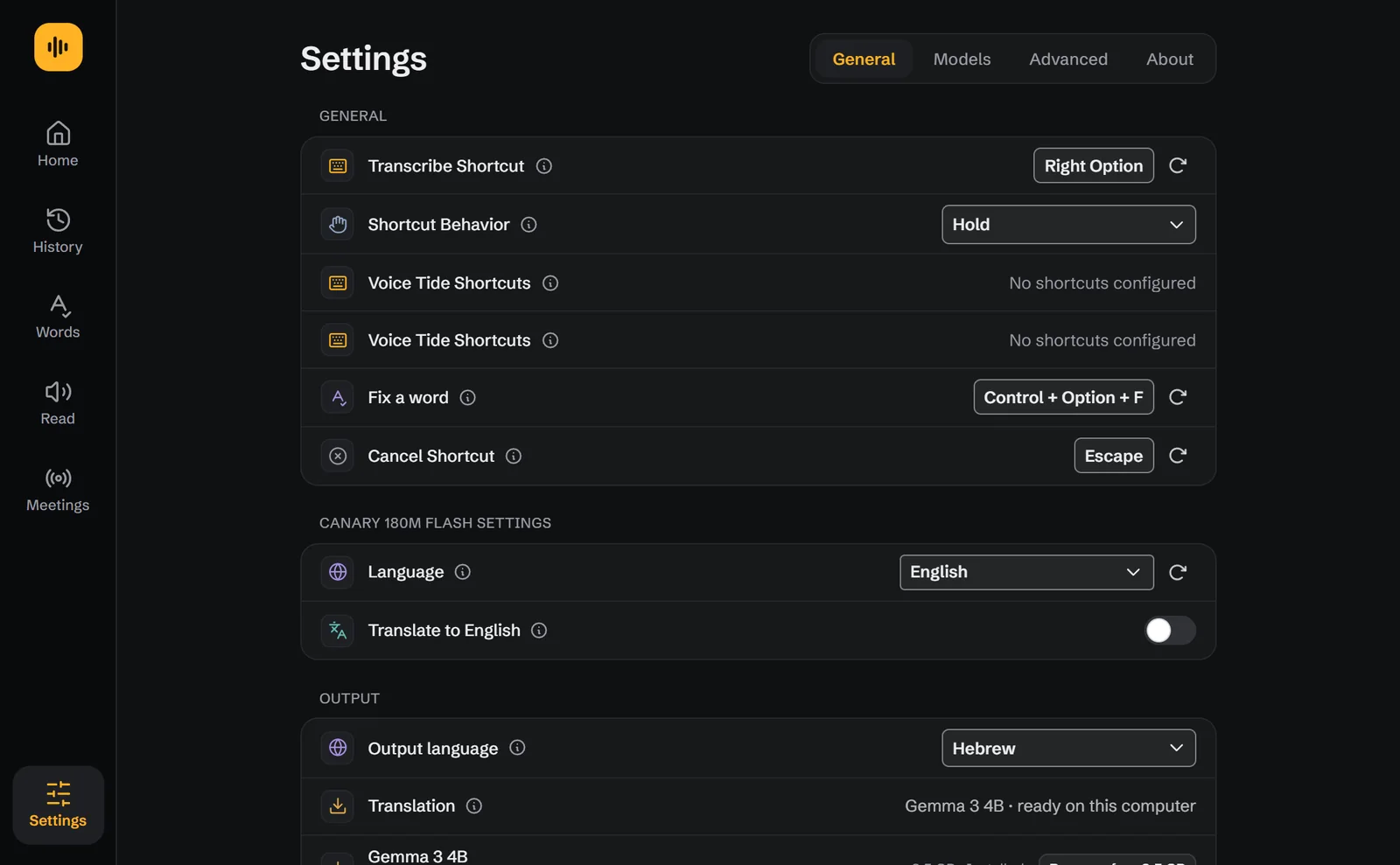 Settings: keys, language and the speech model